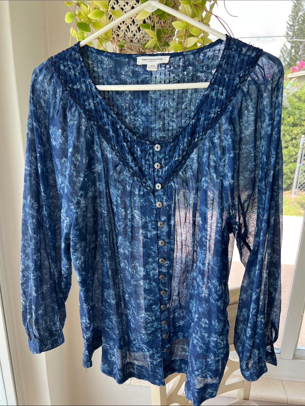 BeachLunchLounge sheer blouse. Printed Floral Navy Blue Button-Front Blouse